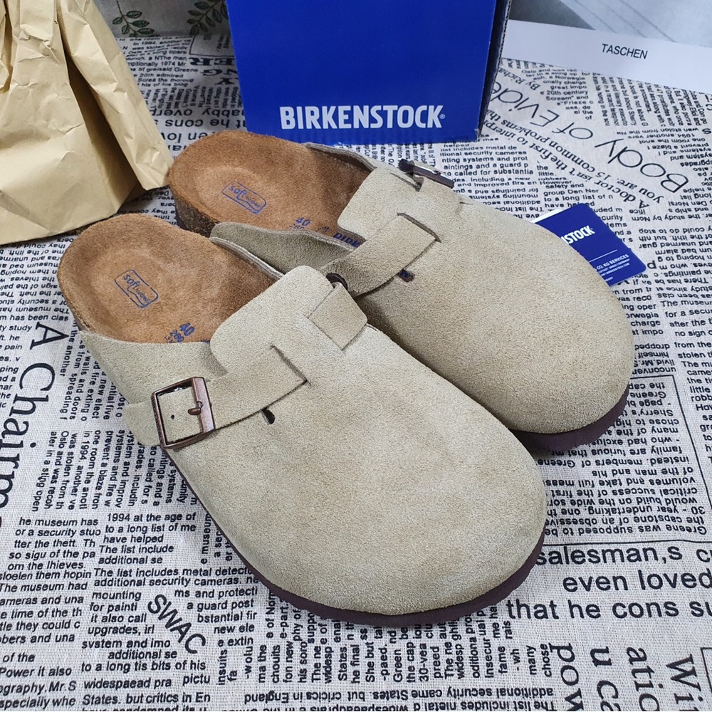 Birkenstock Boston taupe suede mule clogs